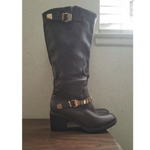 Forever 21 Shoes - Gold Studded-Strap Brown Knee High Boots 👢🍁 Forever 21 Shoes - Gold Studded-Strap Brown Knee High Boots 👢🍁